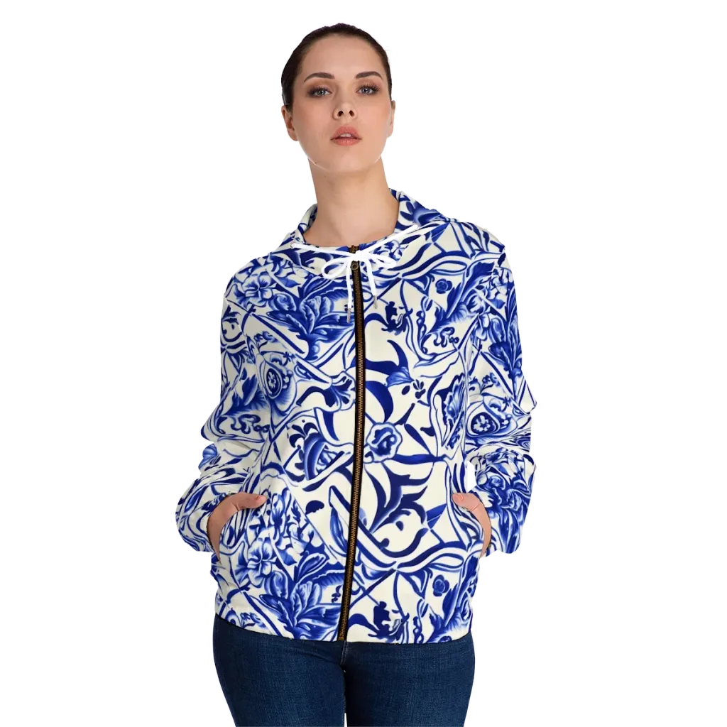 Cobalt Chinoiserie on Women's Full-Zip Hoodie — Front On Person