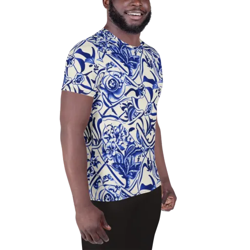 Cobalt Chinoiserie on a Men's Athletic T-Shirt