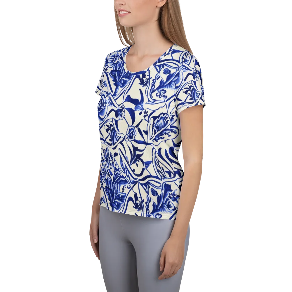 Cobalt Chinoiserie on Women's Athletic T-Shirt — Left