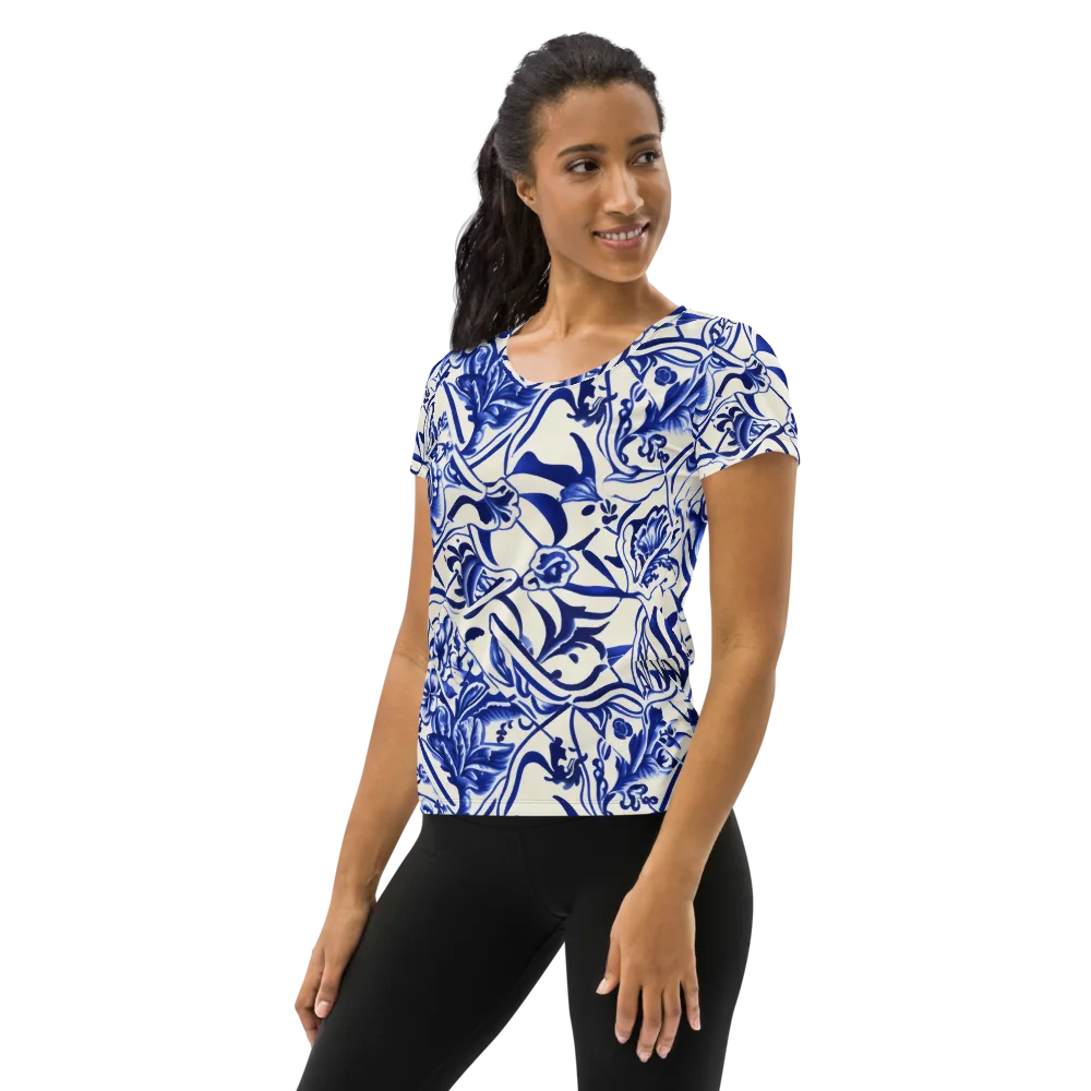 Cobalt Chinoiserie on Women's Athletic T-Shirt — Left