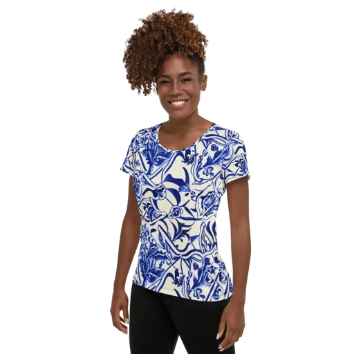 Cobalt Chinoiserie on a Women's Athletic T-Shirt