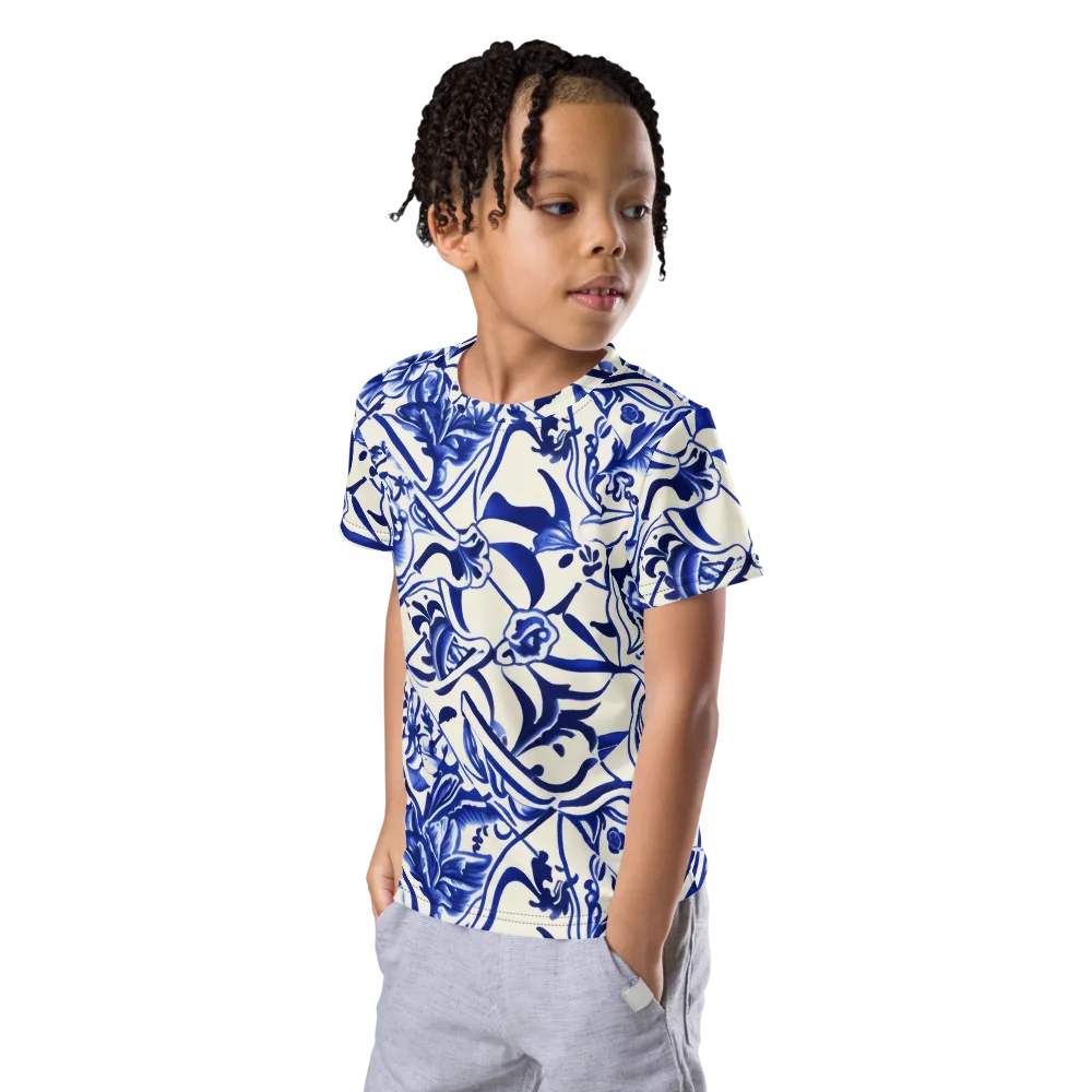 Cobalt Chinoiserie on Kids Crew Neck T-Shirt — Left Front