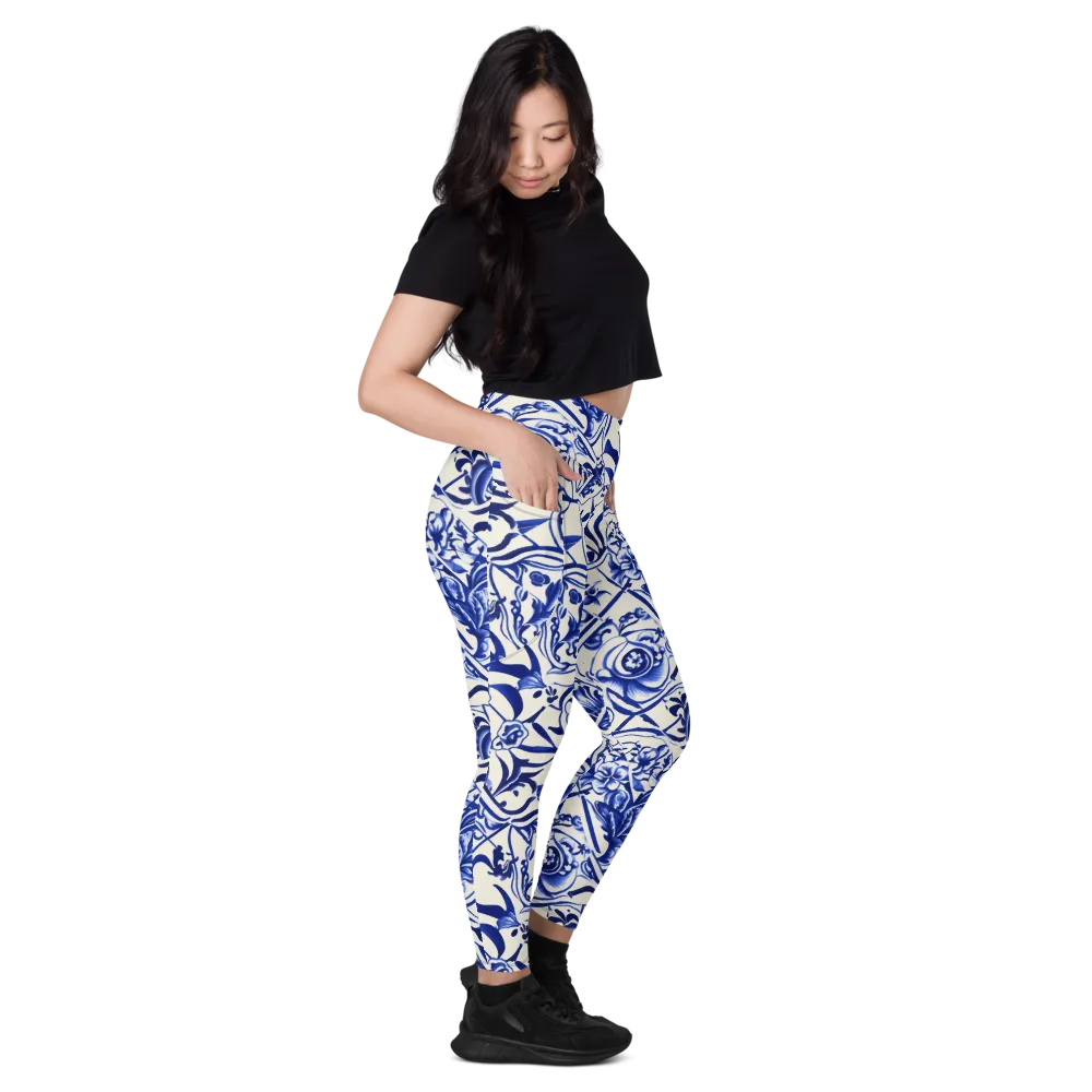 Cobalt Chinoiserie on Leggings with Pockets — Right