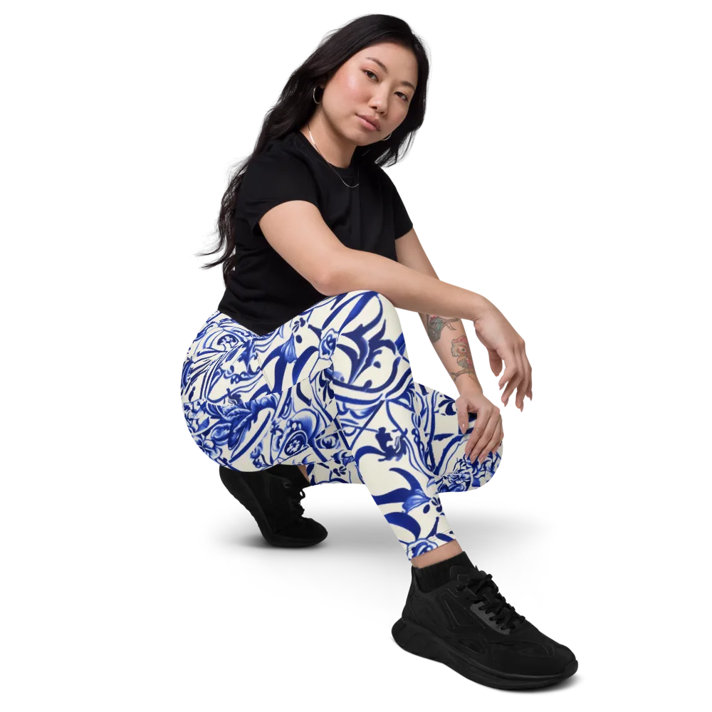 Cobalt Chinoiserie on Leggings with Pockets — Right Front
