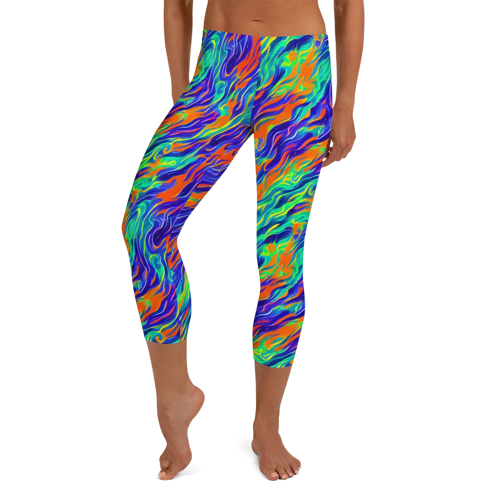 Blue Flame Motion on Capri Leggings — Front