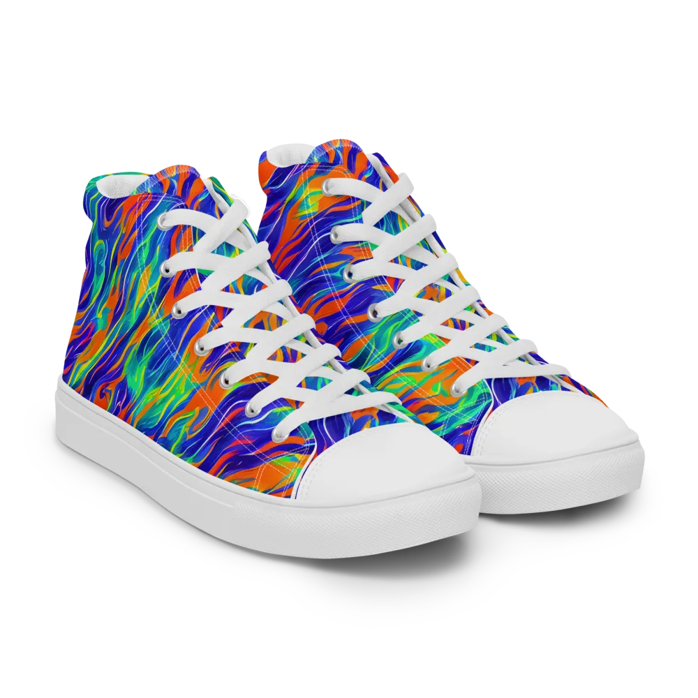 Blue Flame Motion on Men's High Top Canvas Shoes — Right Front