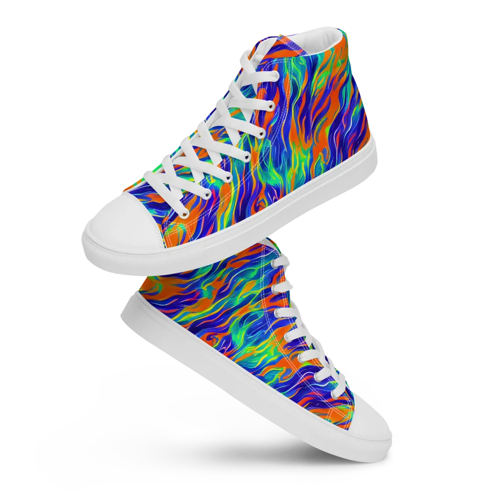 Blue Flame Motion on Men's High Top Canvas Shoes — Front