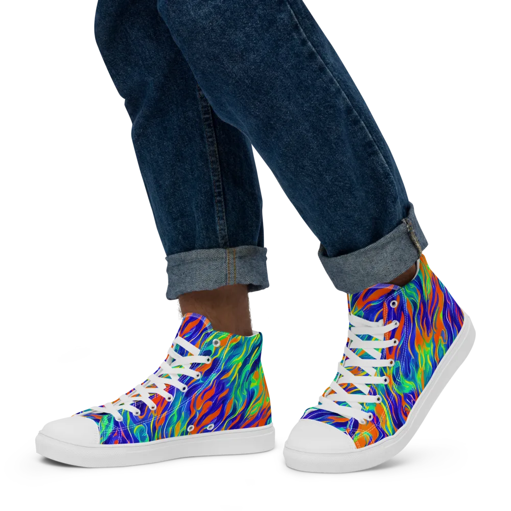 Blue Flame Motion on Men's High Top Canvas Shoes — Left