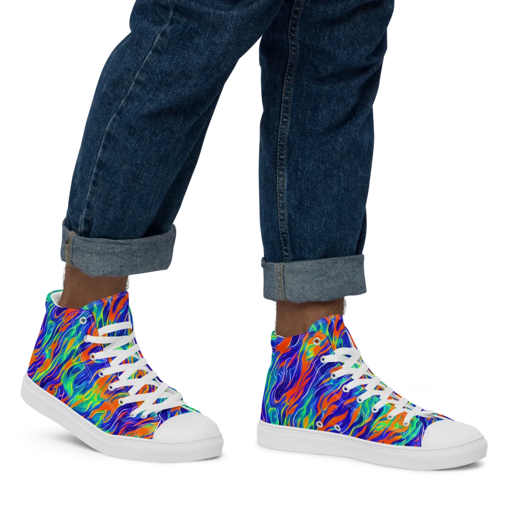 Blue Flame Motion on Men's High Top Canvas Shoes — Right
