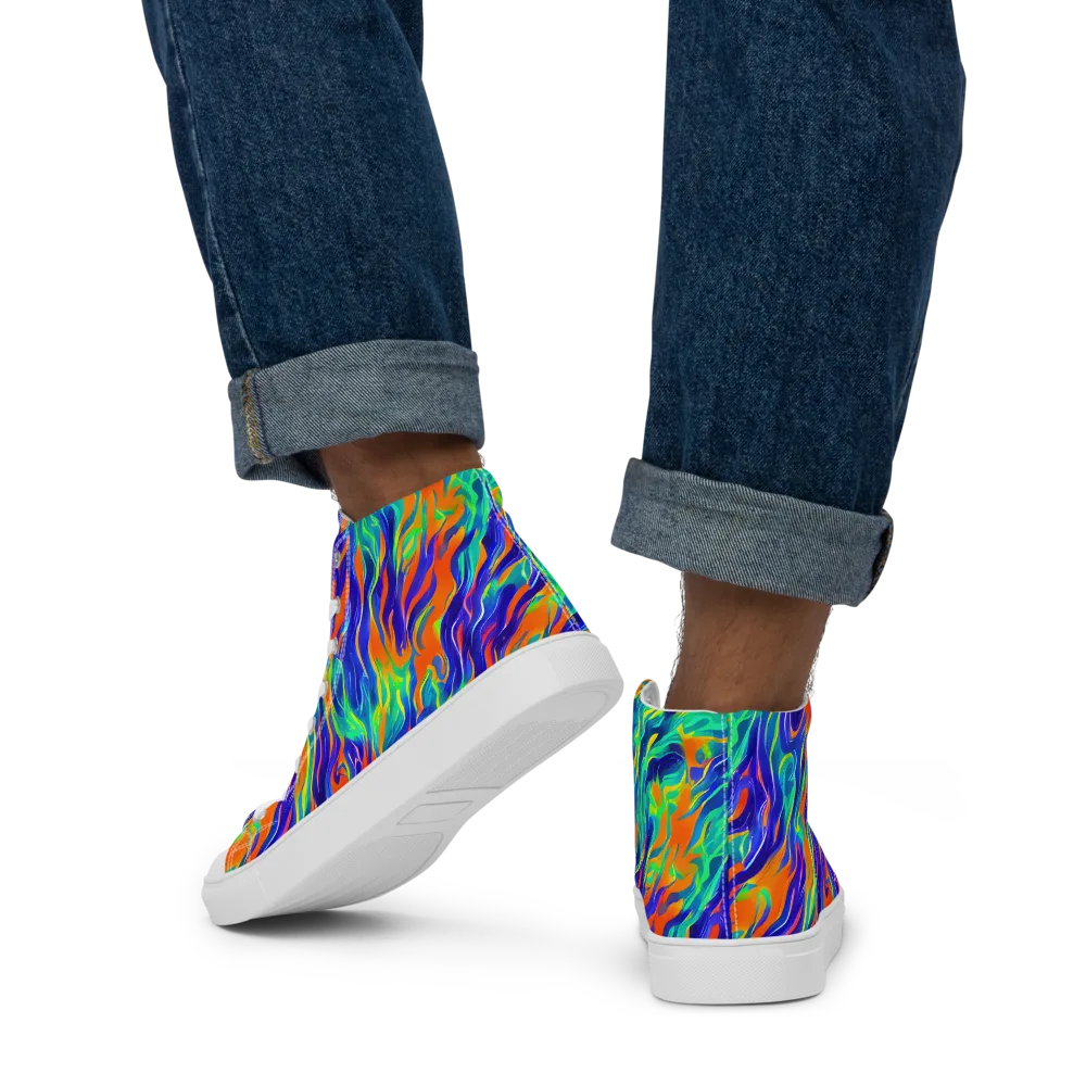 Blue Flame Motion on Men's High Top Canvas Shoes — Back