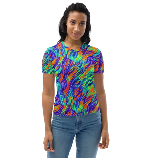Blue Flame Motion on a Women's Crew Neck T-Shirt