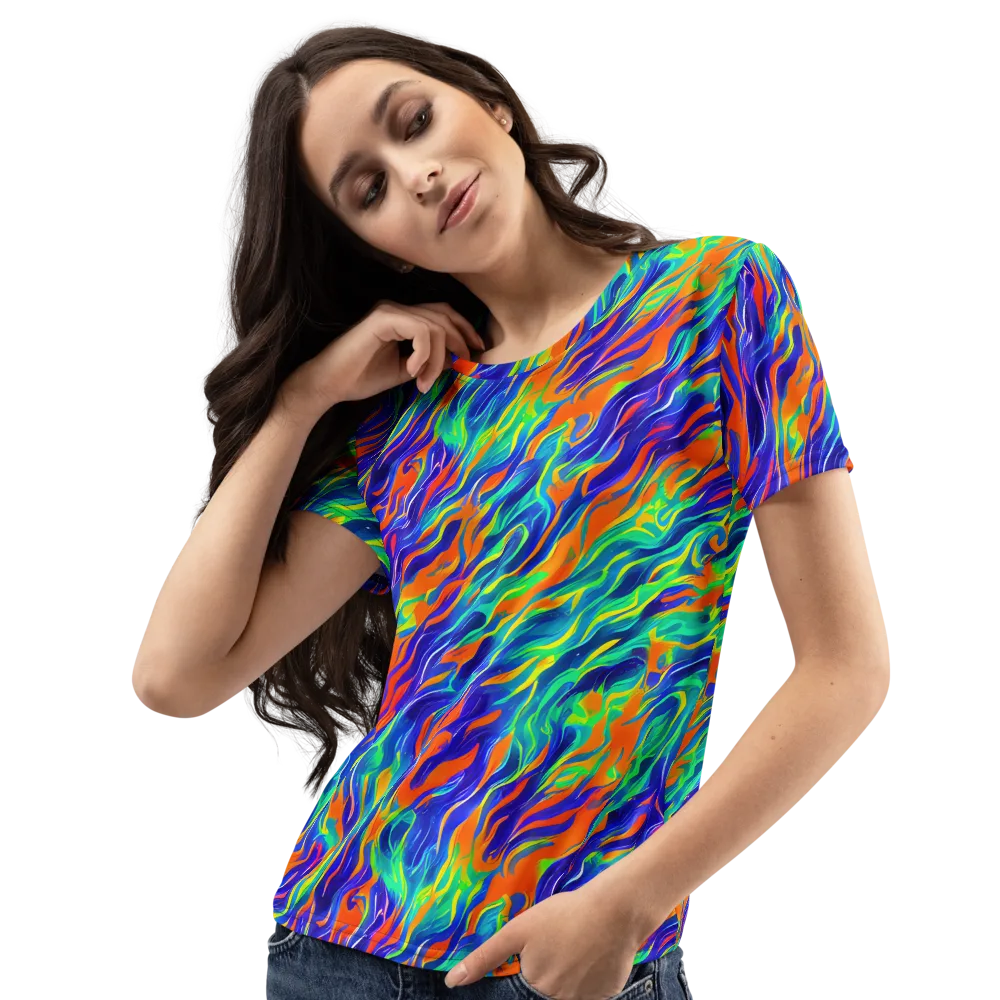 Blue Flame Motion on Women's Crew Neck T-Shirt — Left Front