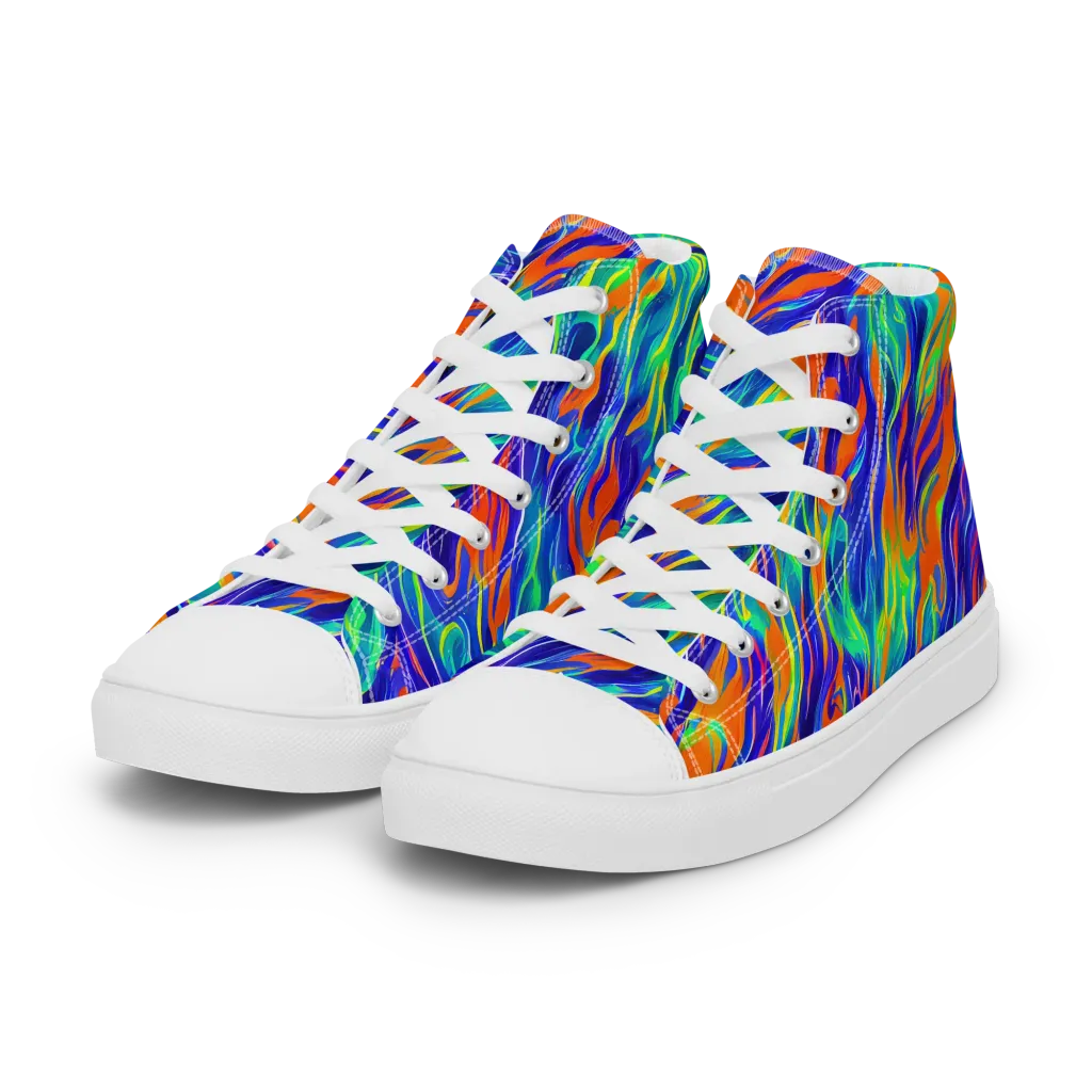 Blue Flame Motion on Women's High Top Canvas Shoes — Left Front