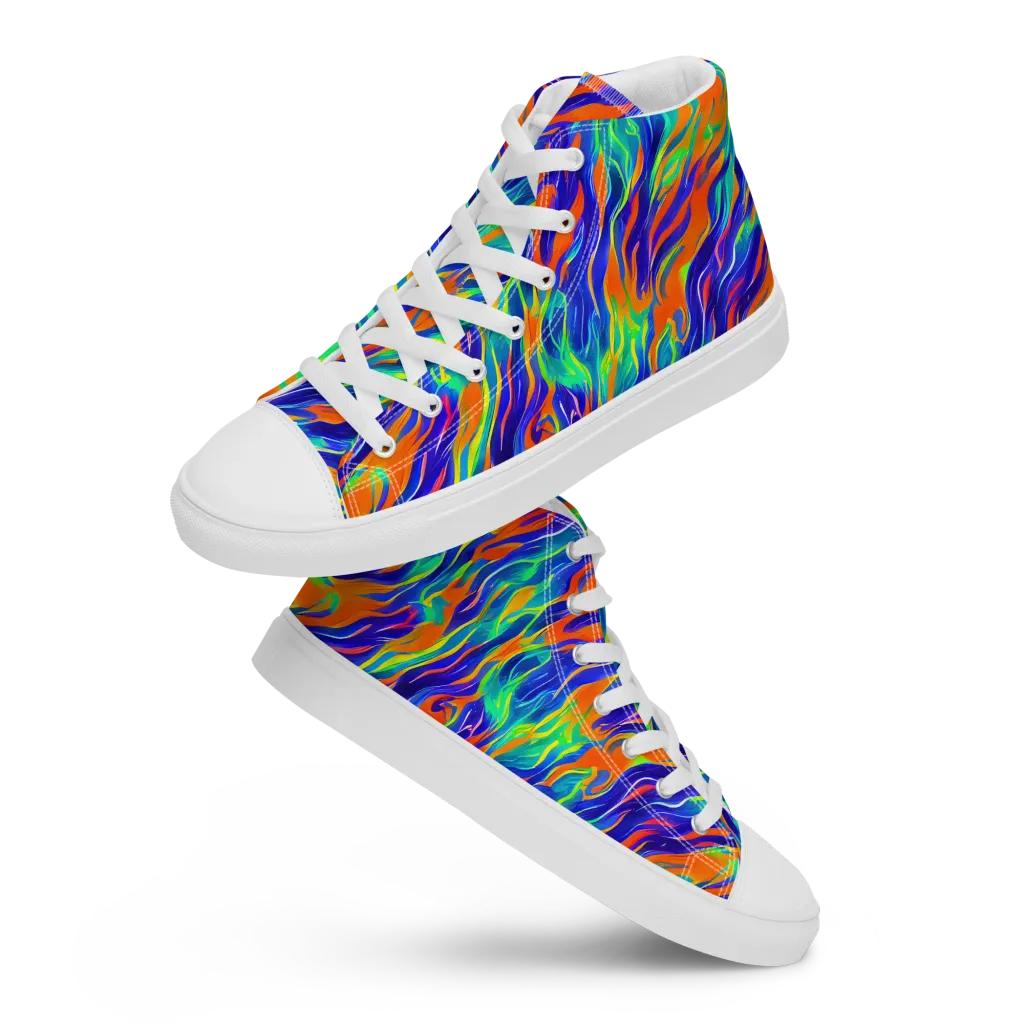 Blue Flame Motion on Women's High Top Canvas Shoes — Front