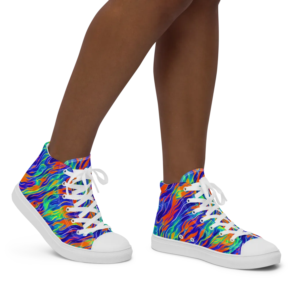 Blue Flame Motion on Women's High Top Canvas Shoes — Right