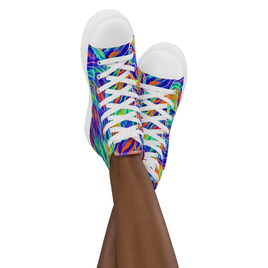 Blue Flame Motion on Women's High Top Canvas Shoes — Front