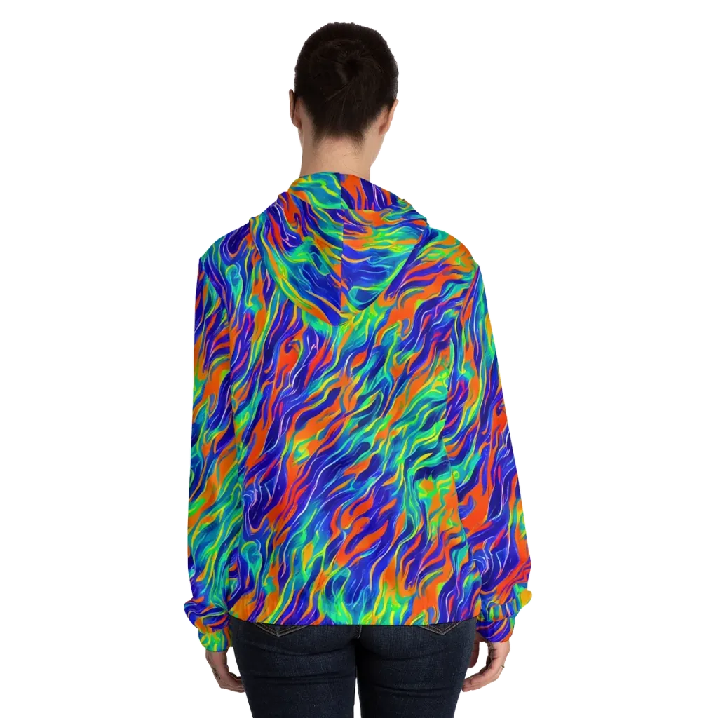 Blue Flame Motion on Women's Full-Zip Hoodie — Back On Person