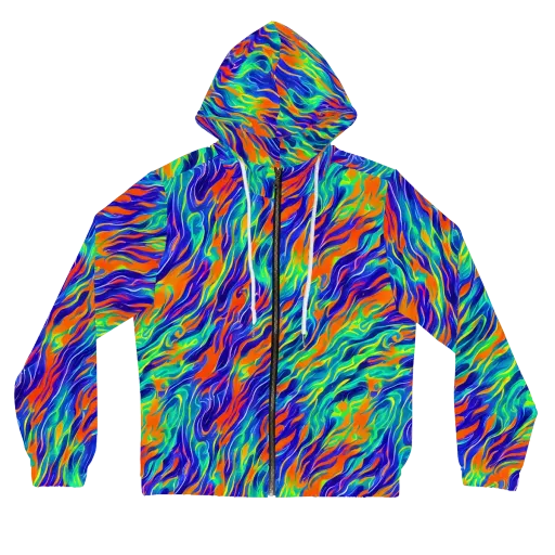 Blue Flame Motion on a Women's Full-Zip Hoodie