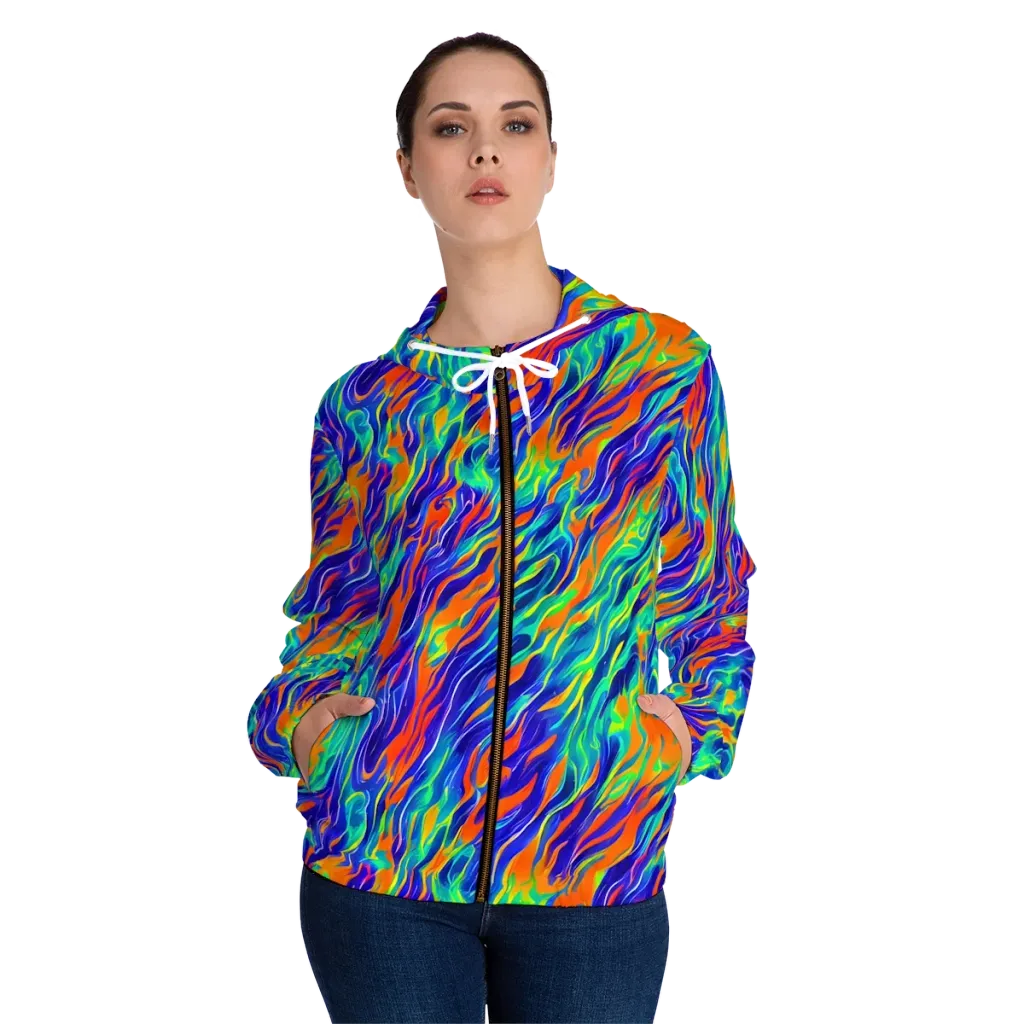 Blue Flame Motion on Women's Full-Zip Hoodie — Front On Person