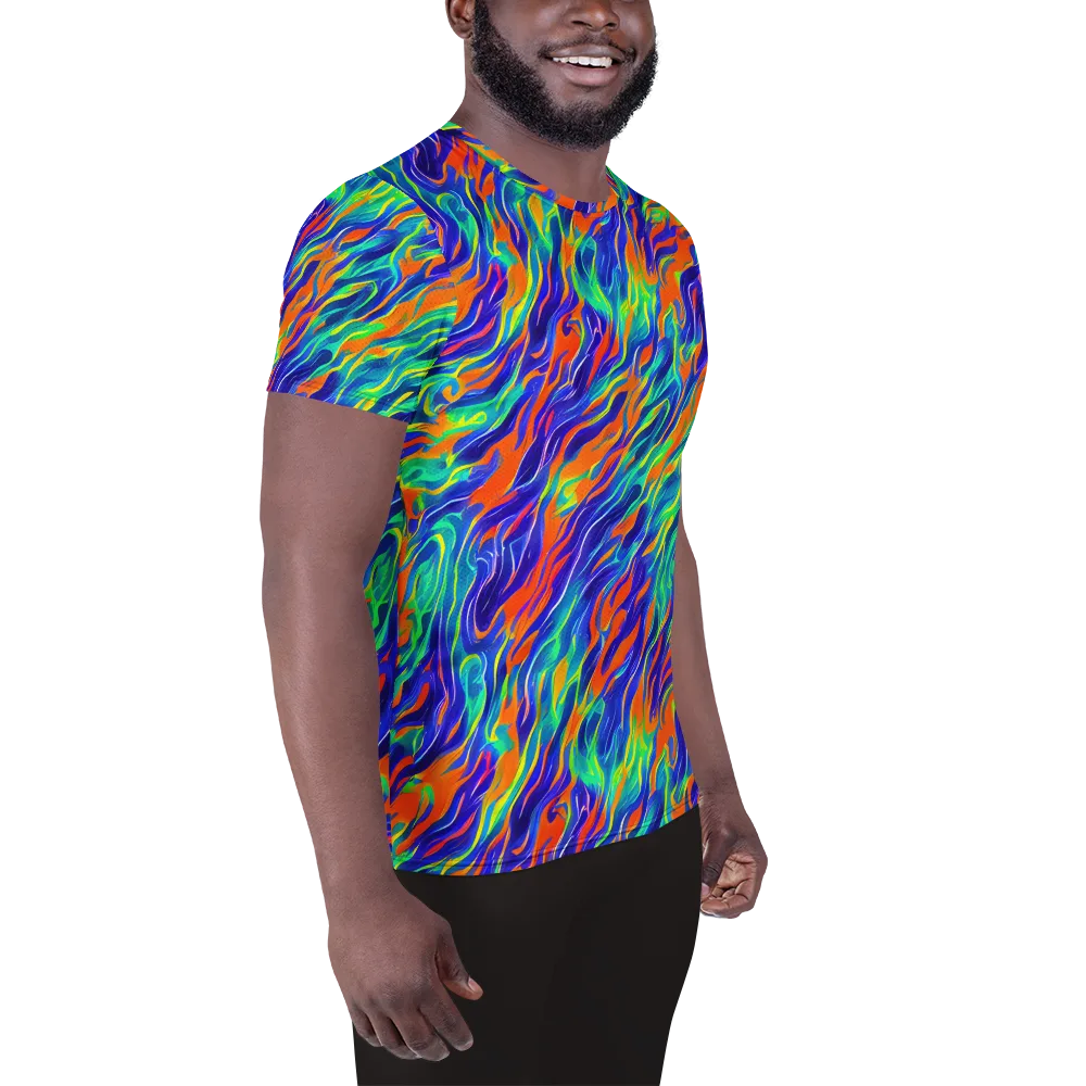 Blue Flame Motion on Men's Athletic T-Shirt — Right
