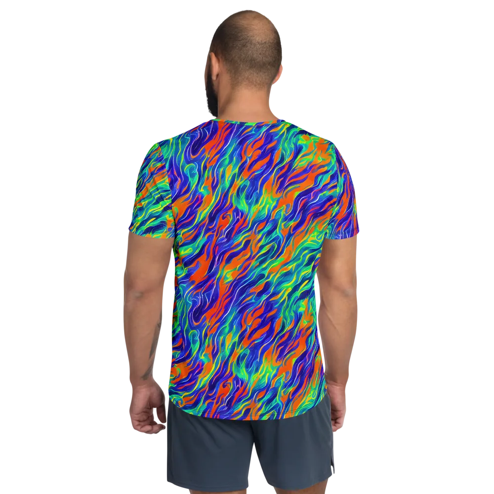 Blue Flame Motion on Men's Athletic T-Shirt — Back