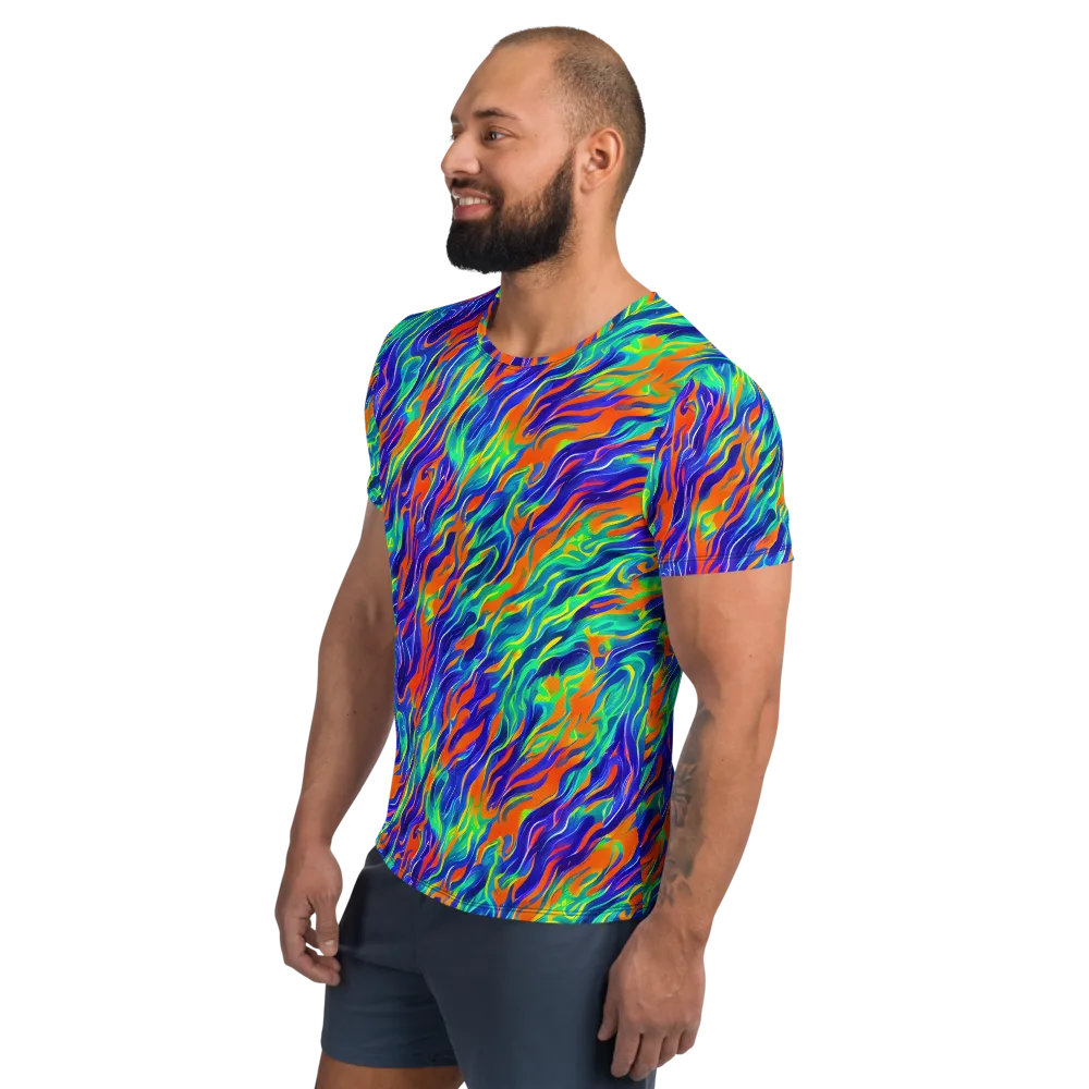 Blue Flame Motion on Men's Athletic T-Shirt — Left