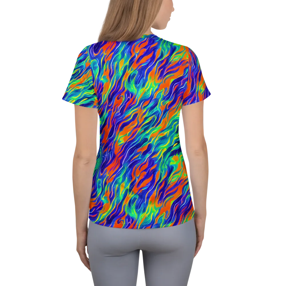 Blue Flame Motion on Women's Athletic T-Shirt — Back