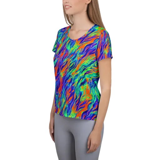 Blue Flame Motion on a Women's Athletic T-Shirt