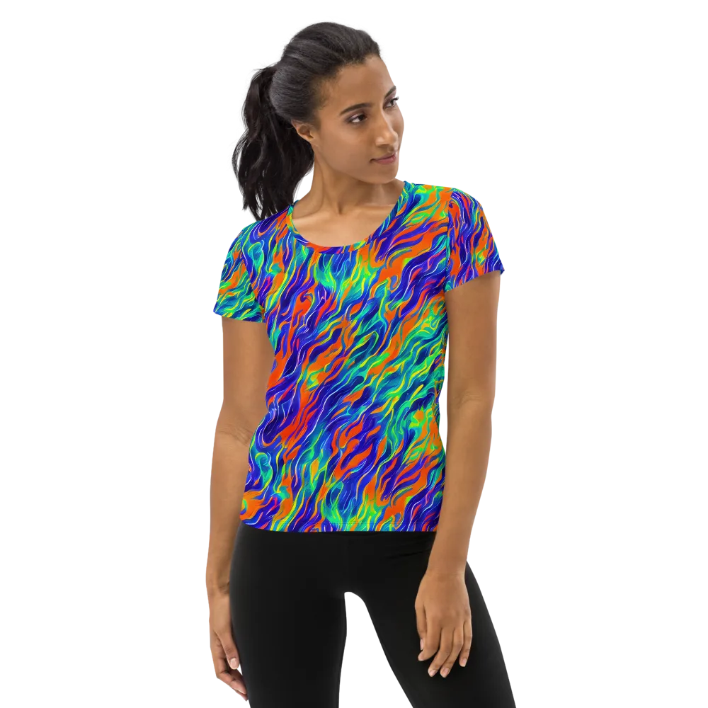 Blue Flame Motion on Women's Athletic T-Shirt — Front