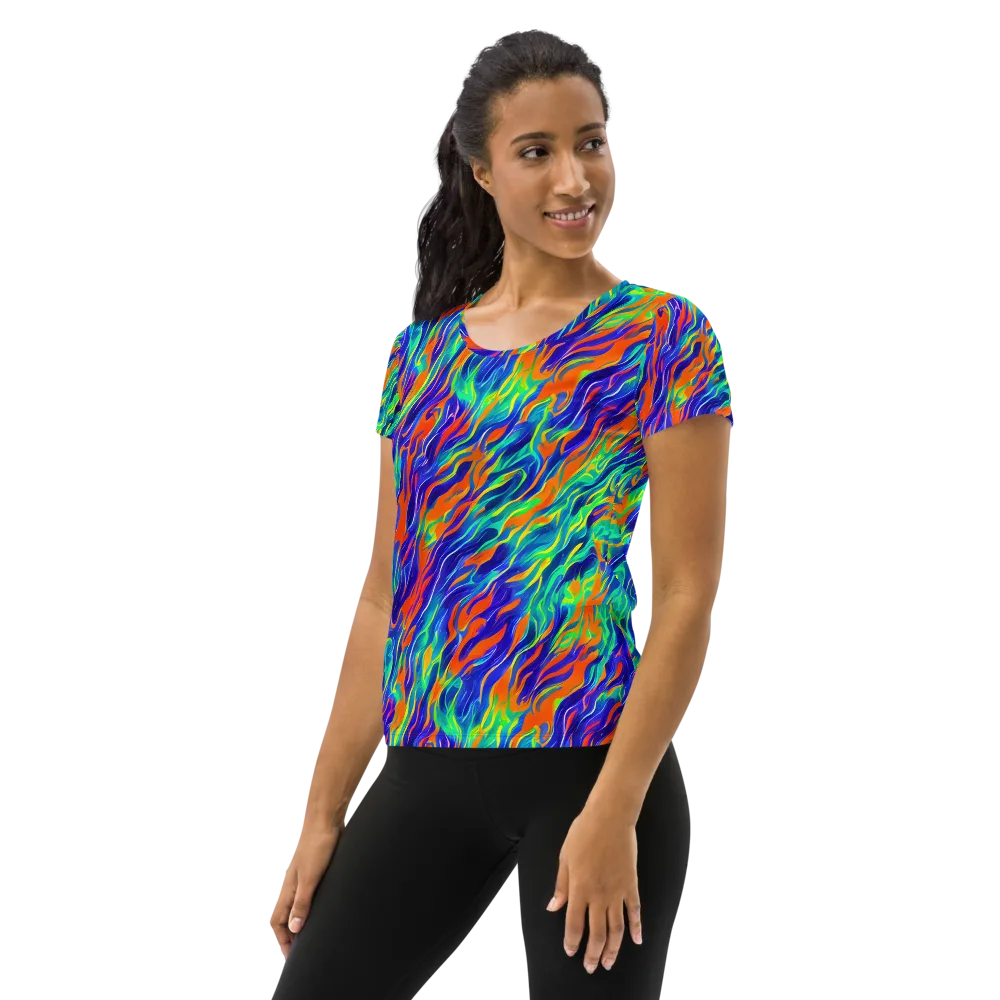 Blue Flame Motion on Women's Athletic T-Shirt — Left