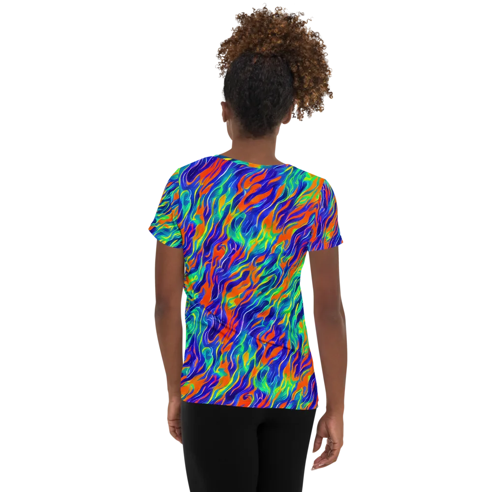 Blue Flame Motion on Women's Athletic T-Shirt — Back