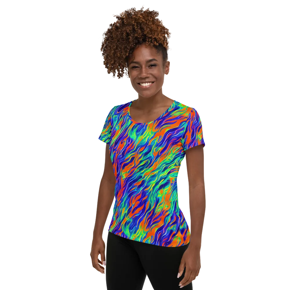 Blue Flame Motion on Women's Athletic T-Shirt — Left
