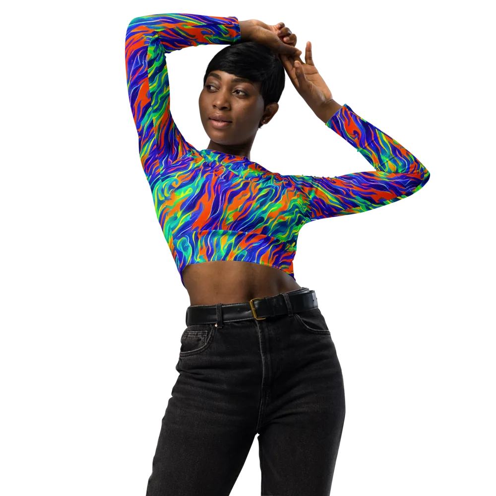 Blue Flame Motion on Long Sleeve Crop Top — Front