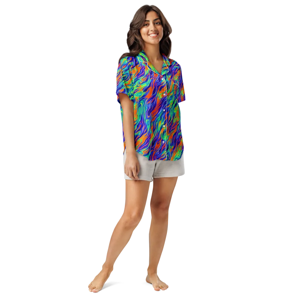 Blue Flame Motion on Women's Short Sleeve Pajama Top — Front