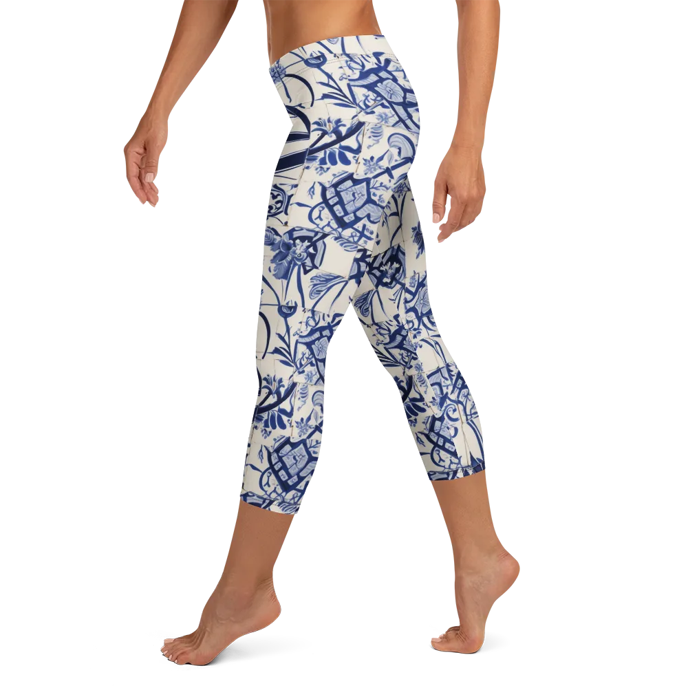 Cobalt Delft Reverie on Capri Leggings — Left
