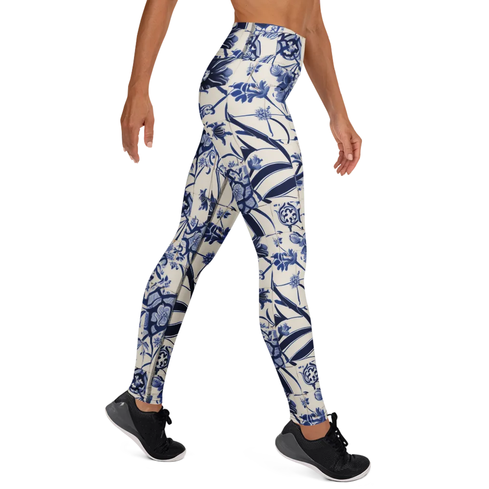 Cobalt Delft Reverie on Yoga Leggings — Right