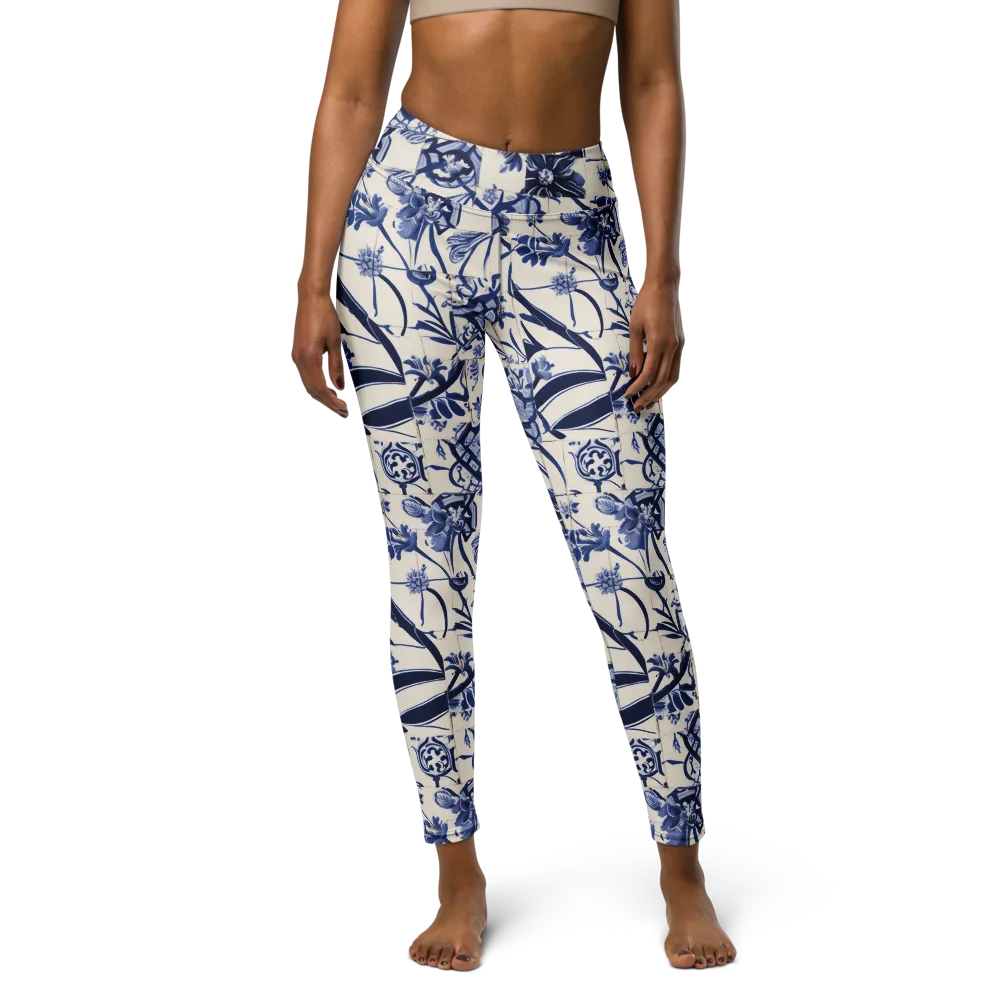 Cobalt Delft Reverie on Yoga Leggings — Front