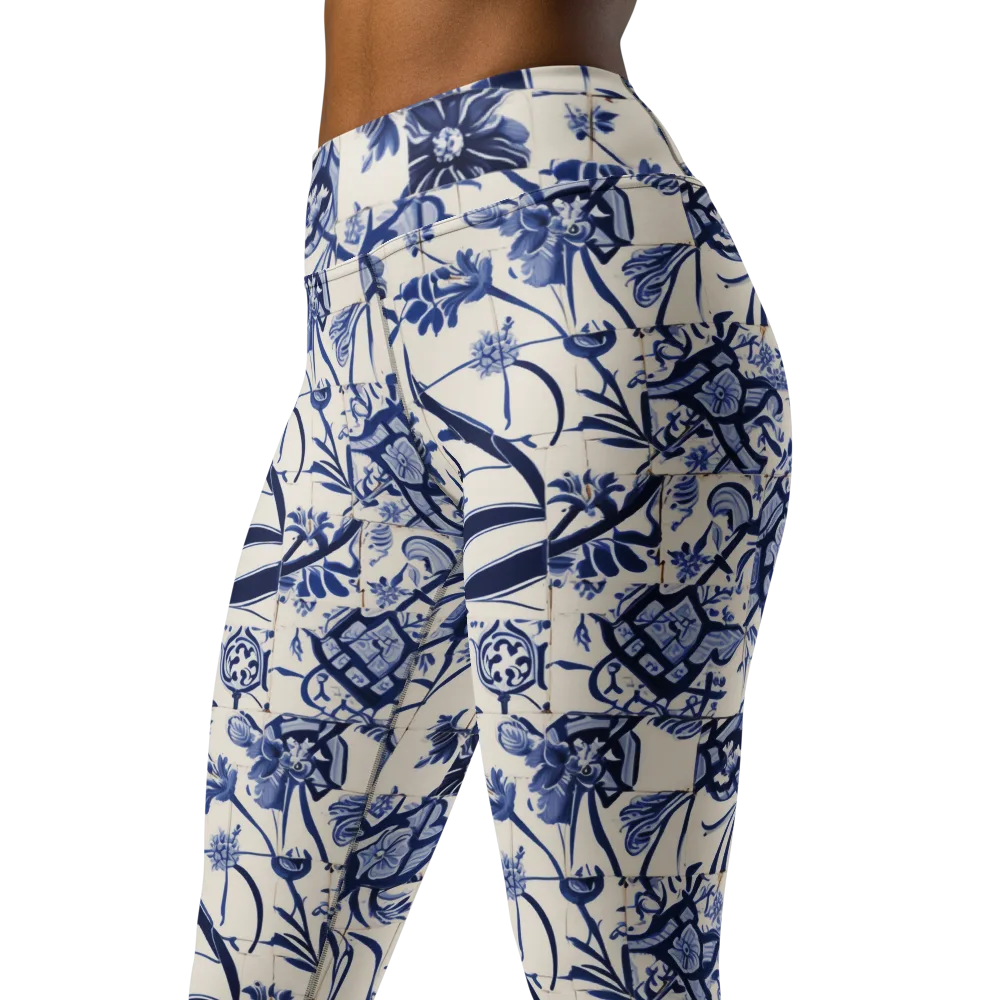 Cobalt Delft Reverie on Yoga Leggings — Left Front