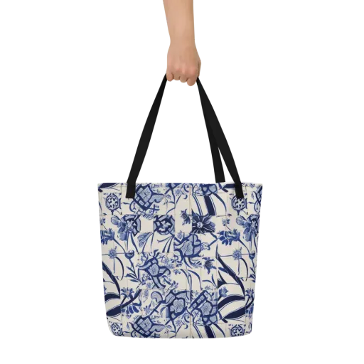Cobalt Delft Reverie on a Large Tote Bag W/ Pocket