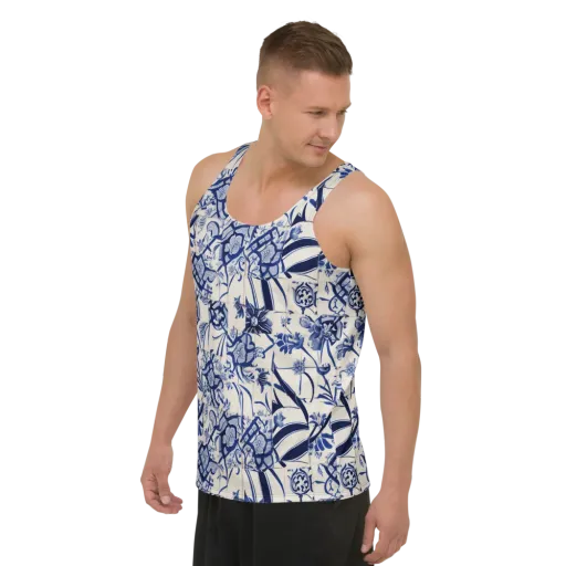 Cobalt Delft Reverie on a Men's Tank Top