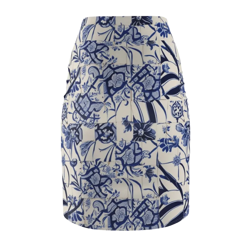 Cobalt Delft Reverie on Pencil Skirt — Back