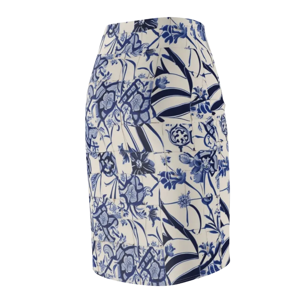 Cobalt Delft Reverie on Pencil Skirt — Back Side