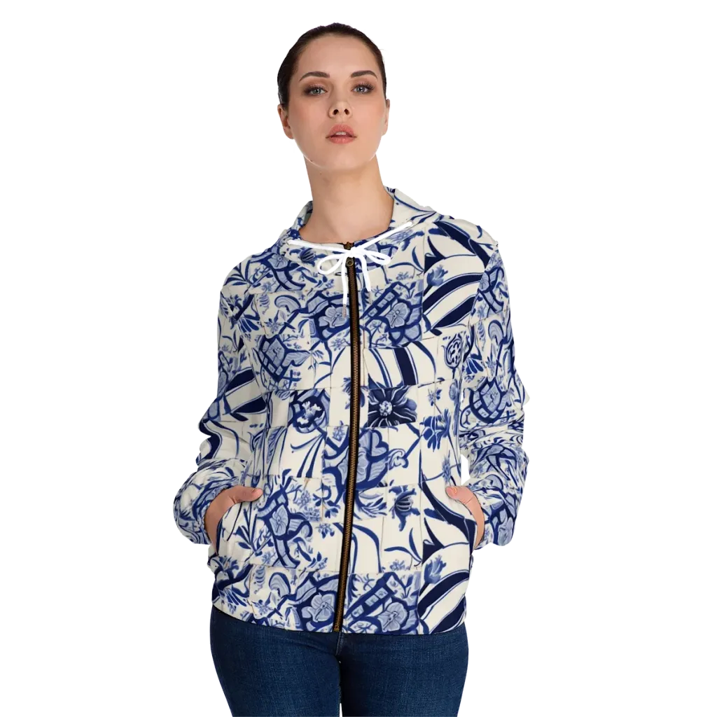 Cobalt Delft Reverie on Women's Full-Zip Hoodie — Front On Person