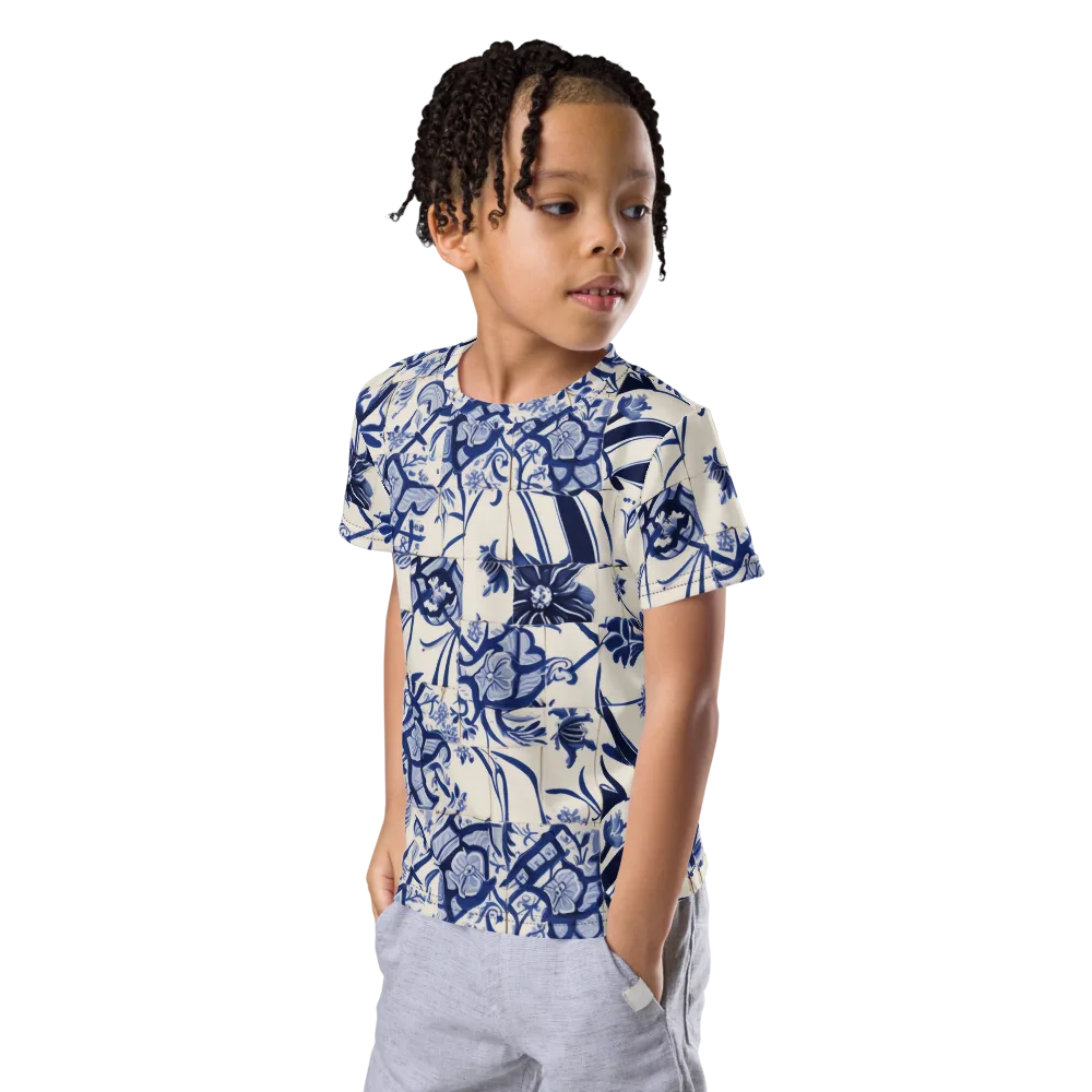 Cobalt Delft Reverie on Kids Crew Neck T-Shirt — Left Front