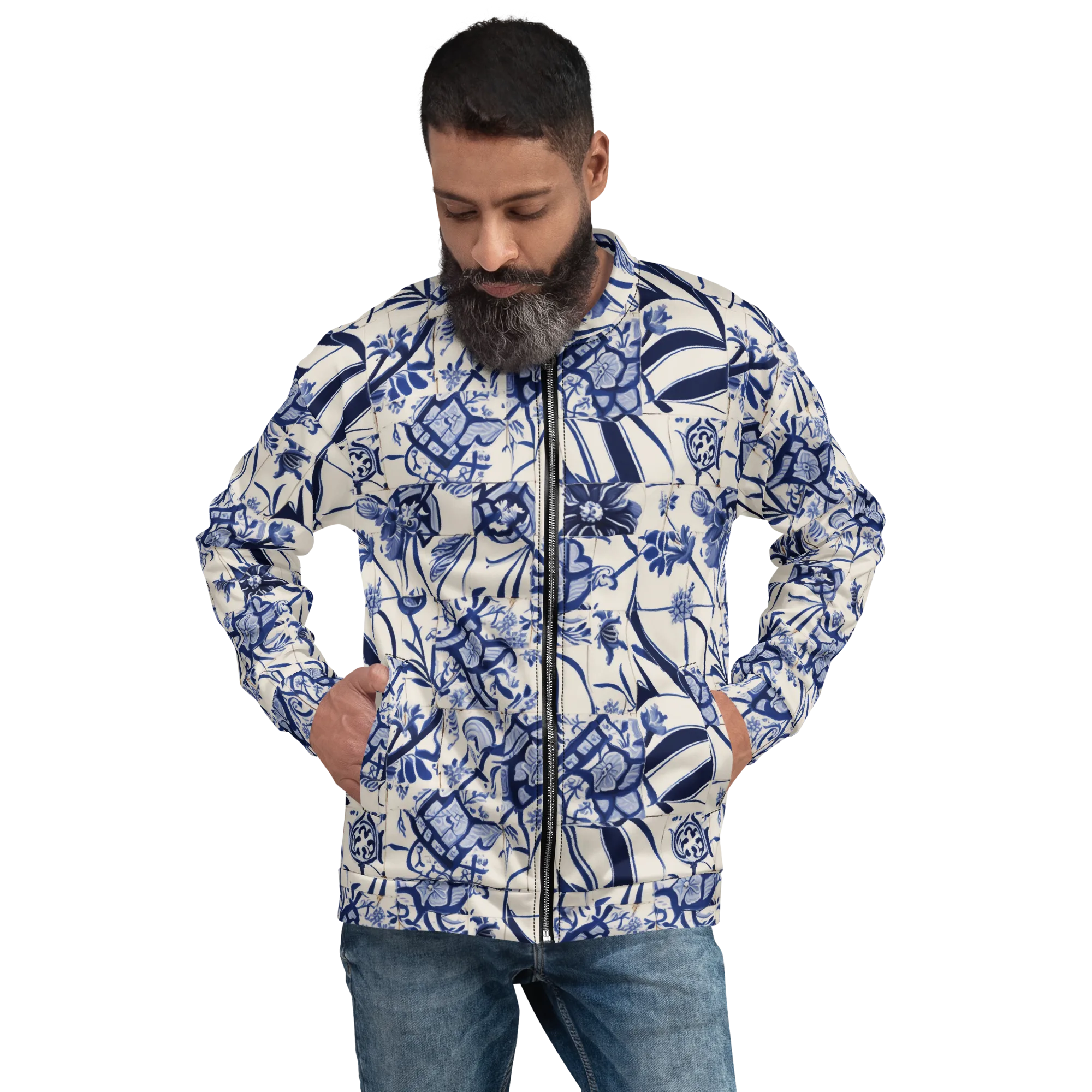 Cobalt Delft Reverie on Bomber Jacket — Front