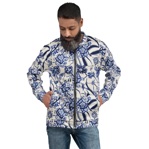 Cobalt Delft Reverie on a Bomber Jacket