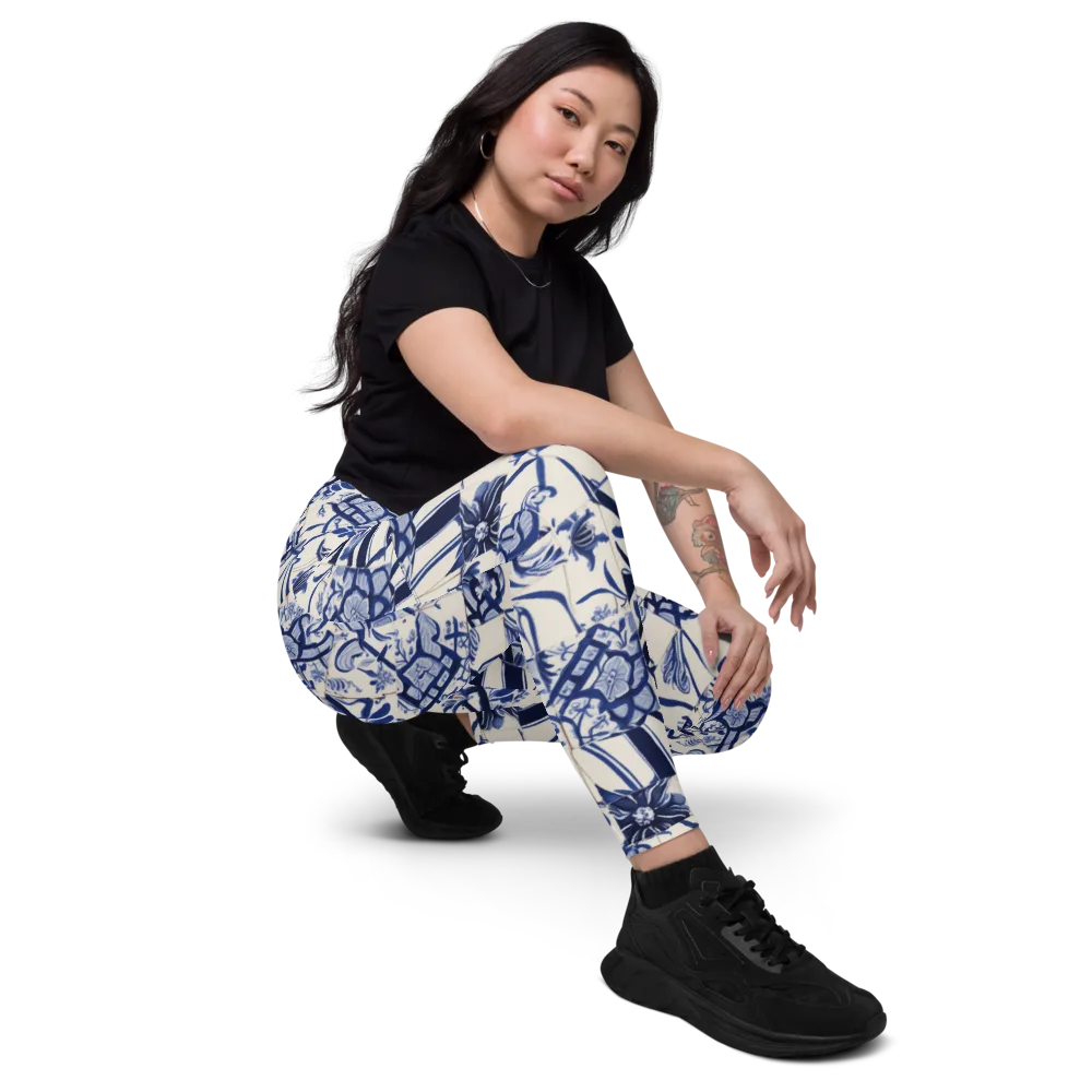 Cobalt Delft Reverie on Leggings with Pockets — Right Front