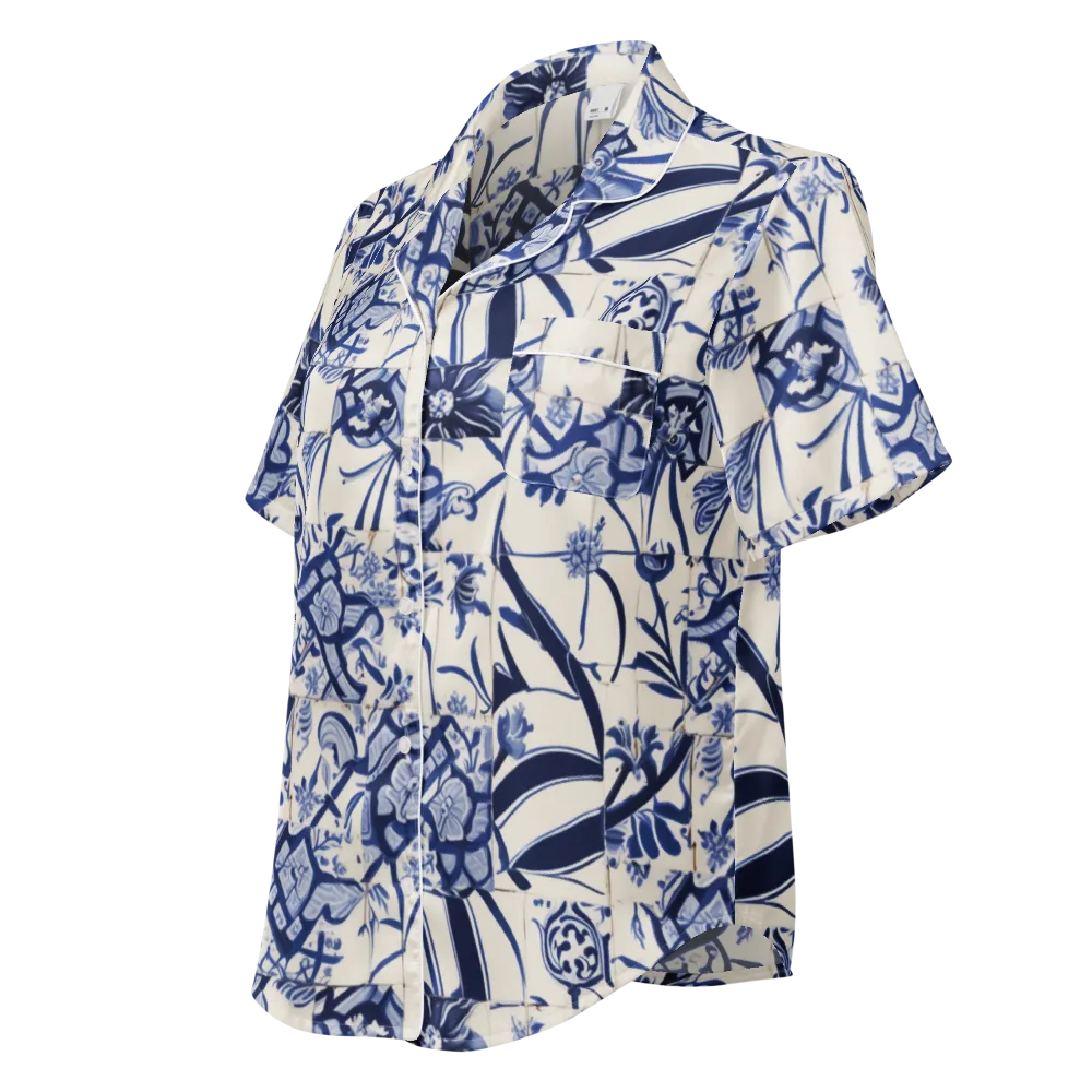 Cobalt Delft Reverie on Women's Short Sleeve Pajama Top — Left Front