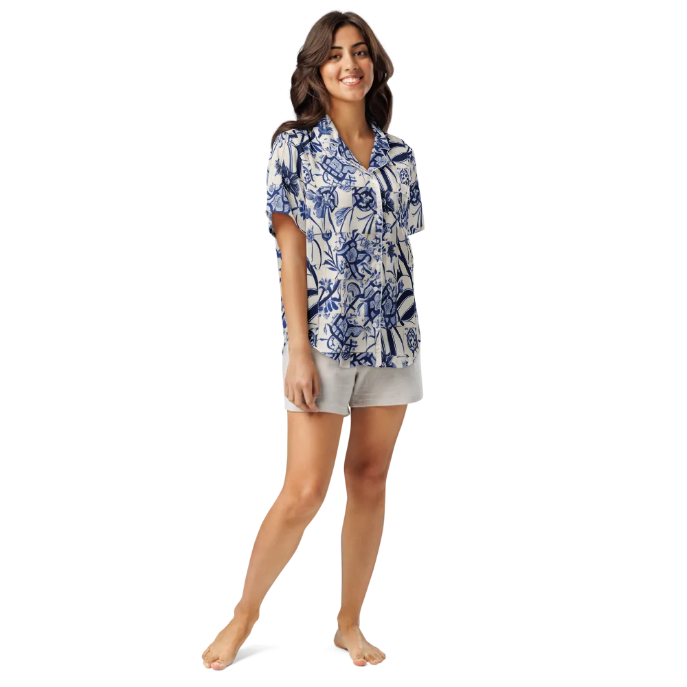 Cobalt Delft Reverie on Women's Short Sleeve Pajama Top — Front