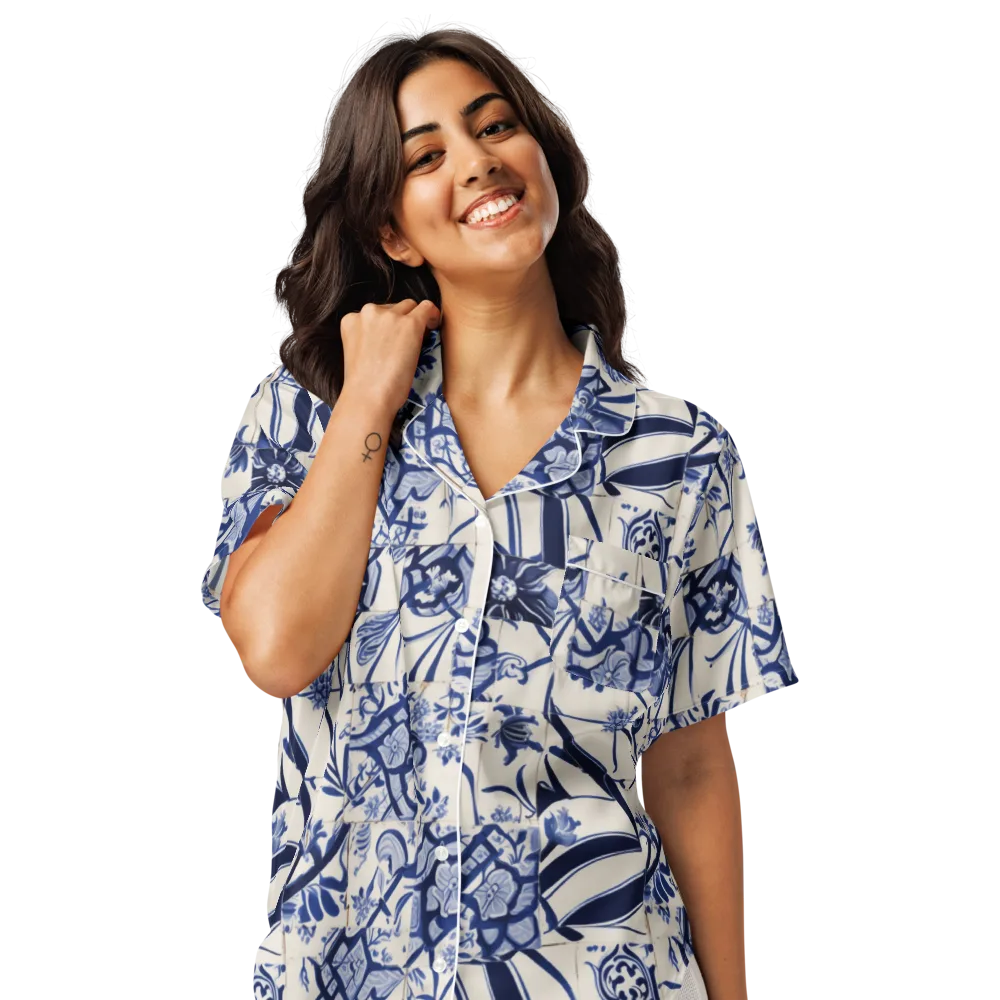Cobalt Delft Reverie on Women's Short Sleeve Pajama Top — Front